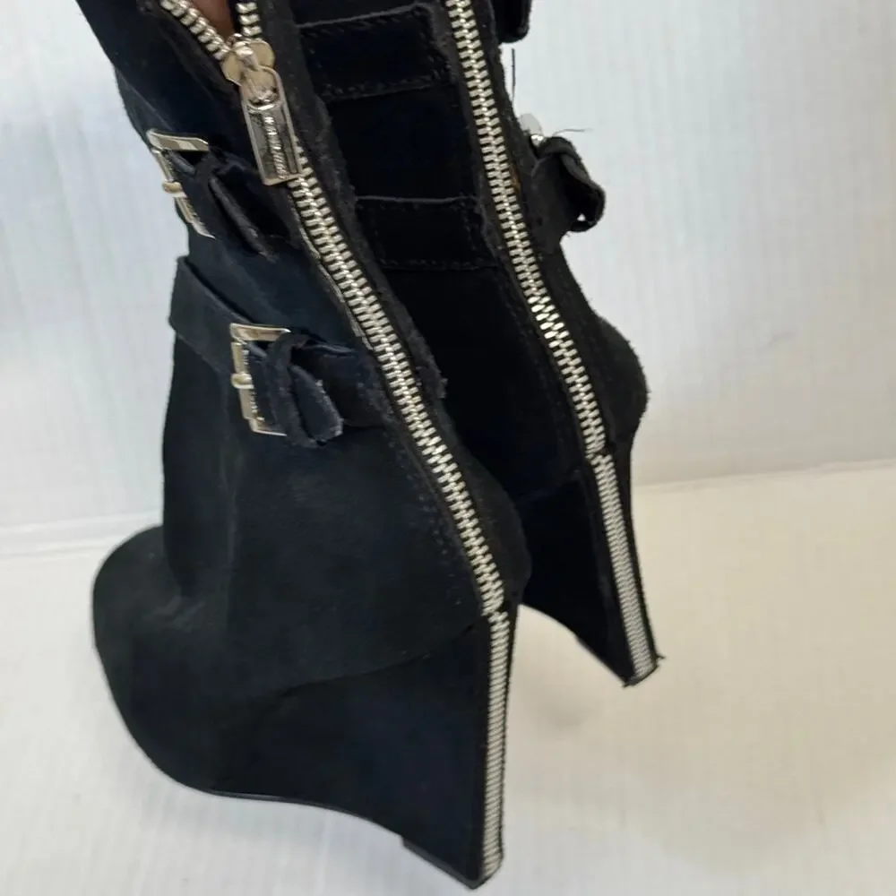 Michael Kors Black Suede Leather Ankle Wedge Boots Womens 10 Y2K Booties Luxury